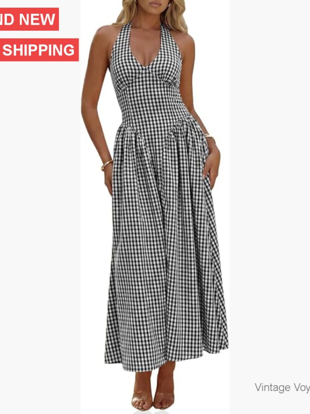 Halter V-Neck Maxi Dress Plaid Smocked Tie Back Backless Wedding Guest